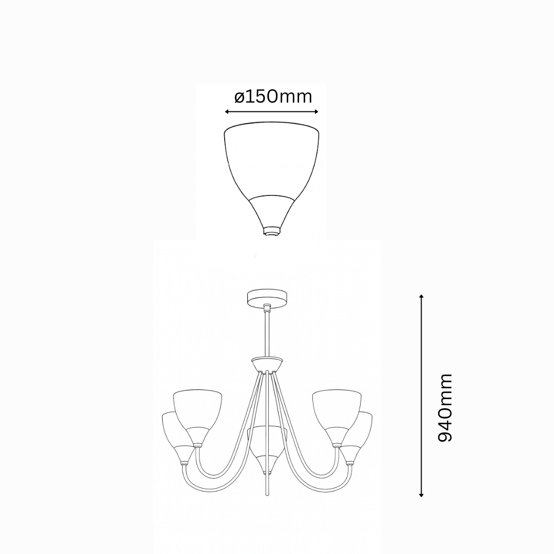 Line drawing of a chandelier with dimensions indicated on a white background