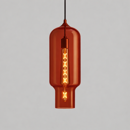 Red glass pendant light with a clear bulb on a gray background