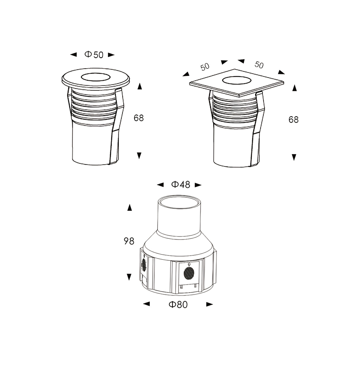 Technical drawing for a recessed sptep light with its back box