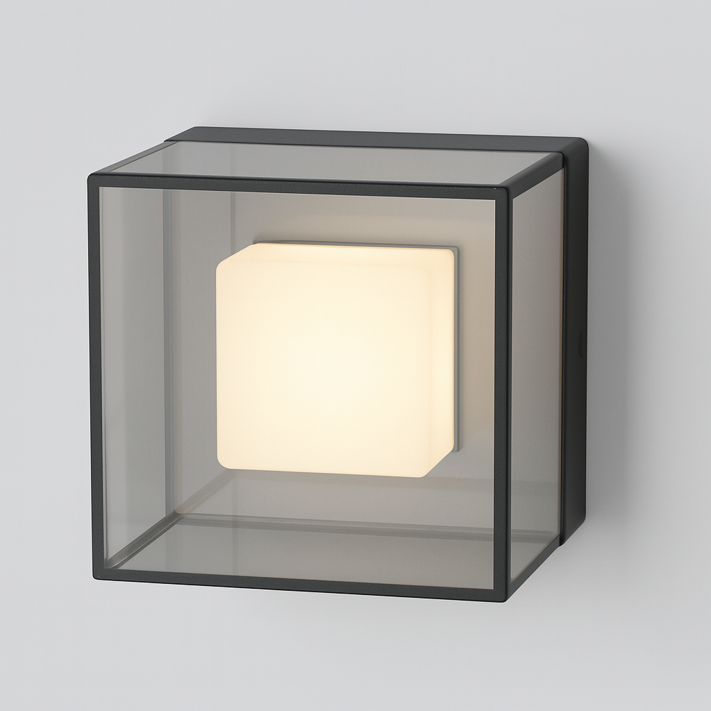 Cube-shaped wall light with glass front with COB/SMD base lamp
