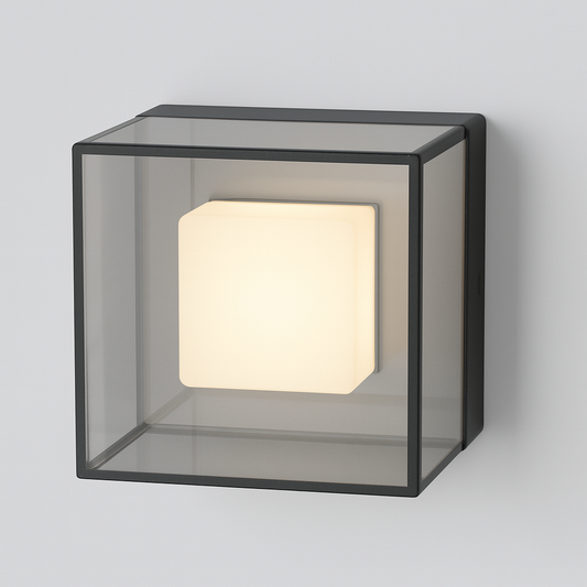 Cube-shaped wall light with glass front with COB/SMD nase lamp