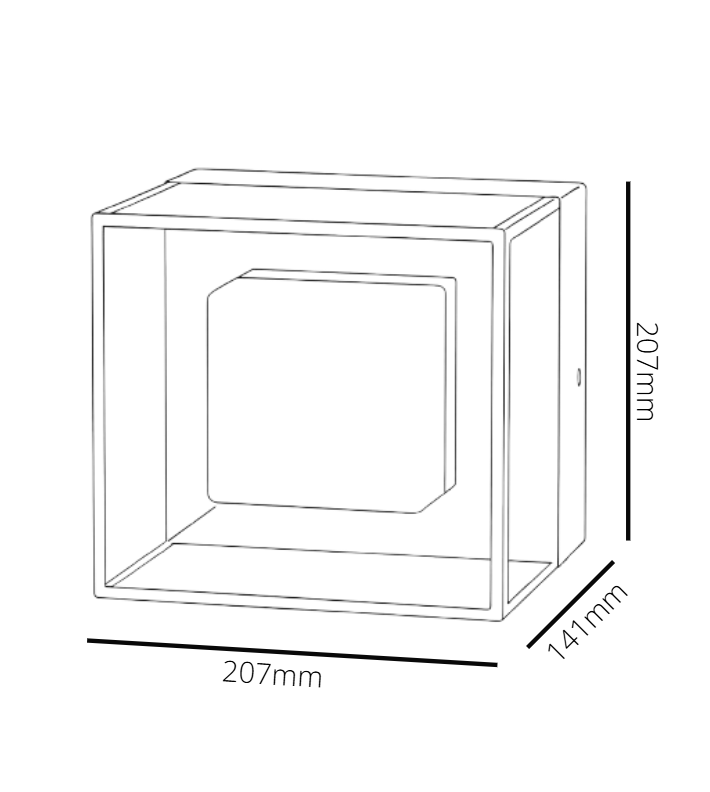 Line drawing of a cube with dimensions labeled