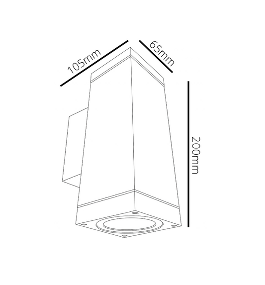 Technical drawing of a square light fixture with dimensions labeled