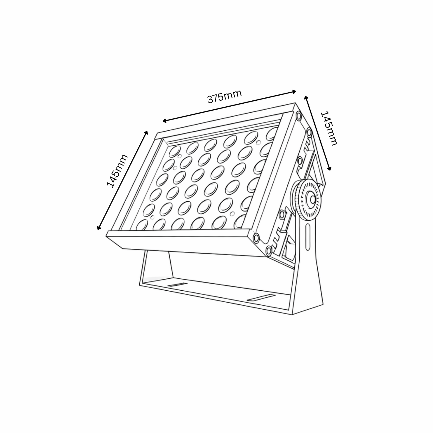 Technical drawing of a rectangular light fixture with dimensions labeled