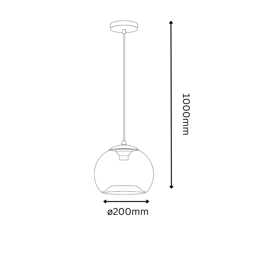 Line drawing of a pendant light with dimensions on a white background