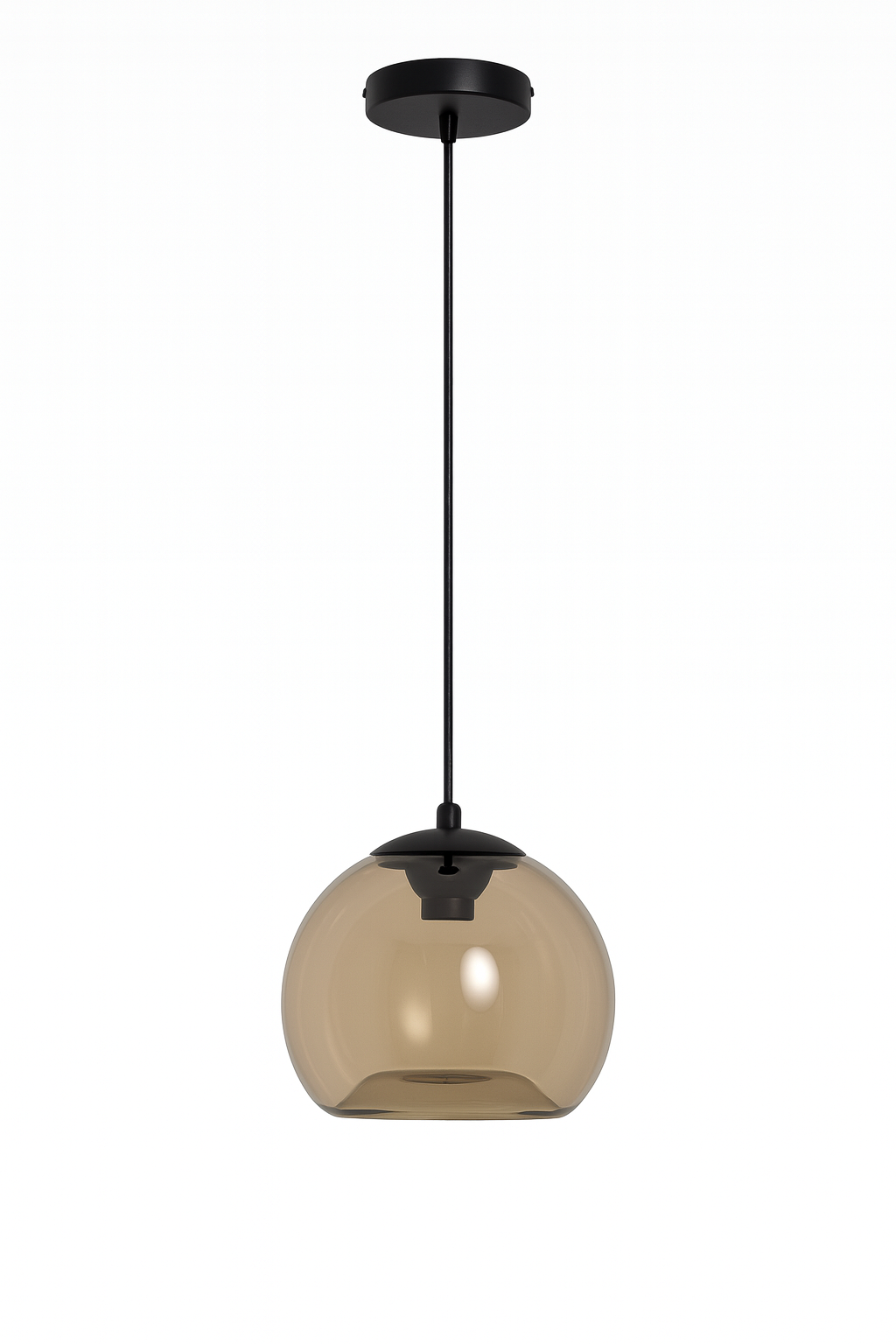 Pendant light with brown glass shade and black fixture with E27 base lamp