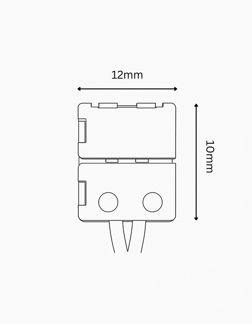 Technical drawing of a small electronic component with dimensions labeled