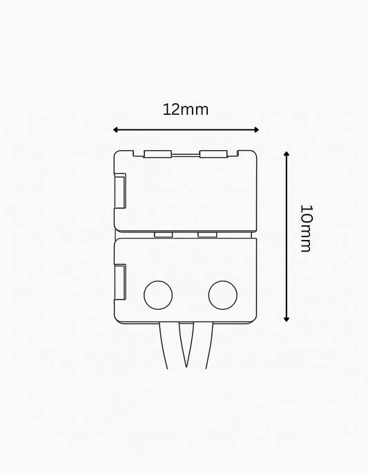Technical drawing of a small electronic component with dimensions labeled