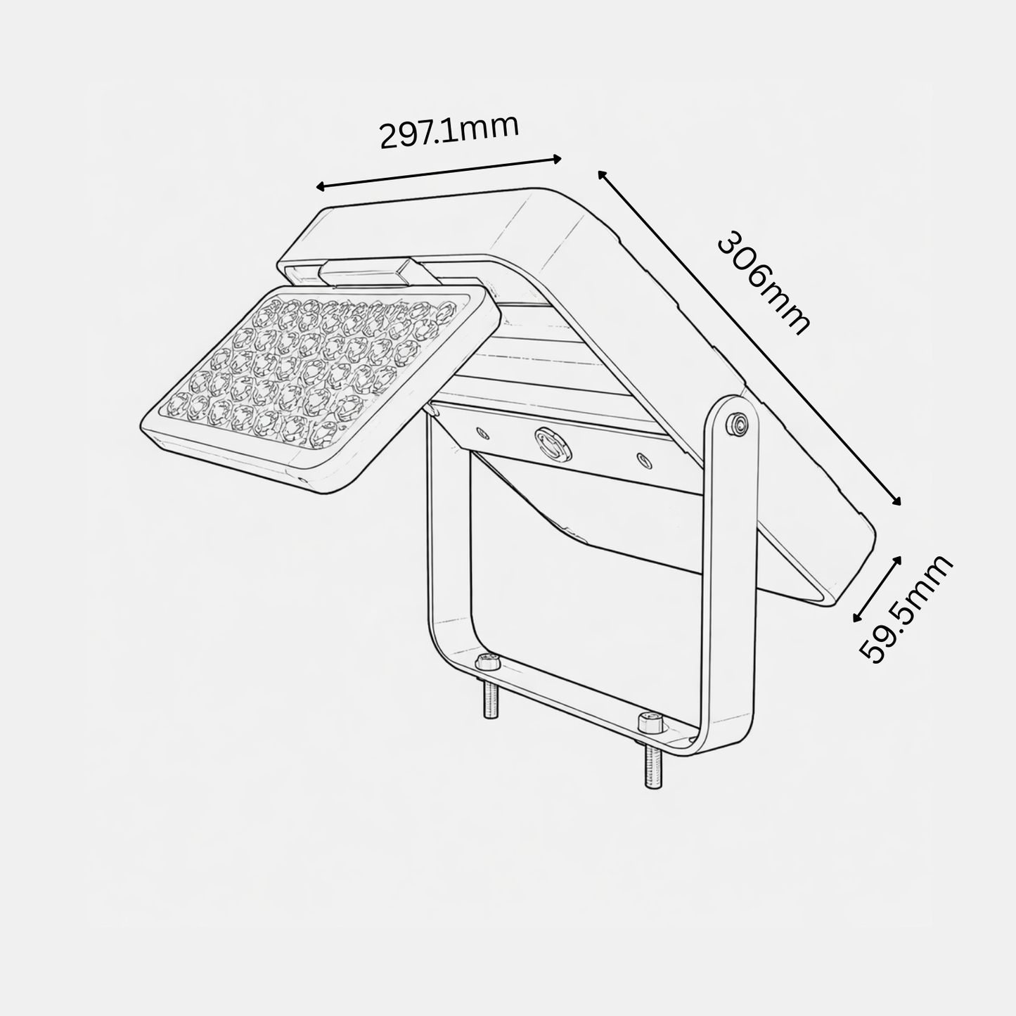 Technical drawing of a solar panel with dimensions labeled