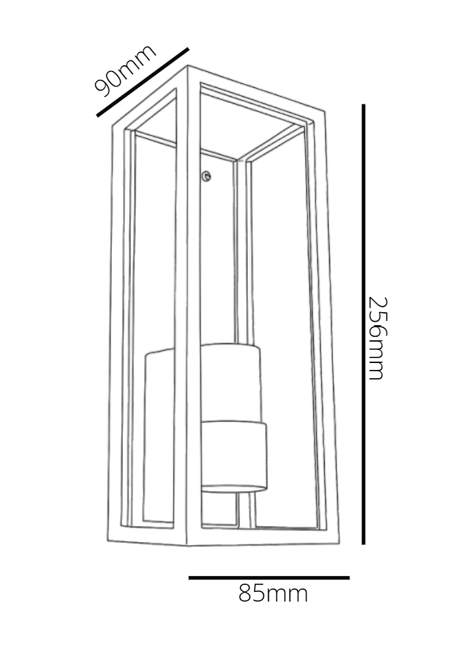 Line drawing of a wall-mounted light fixture with dimensions labeled.