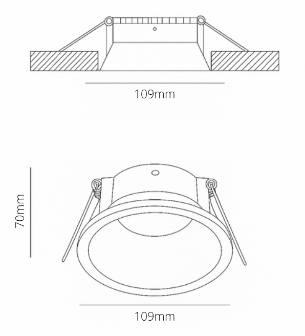 Technical drawing of a ceiling light fixture with dimensions labeled.