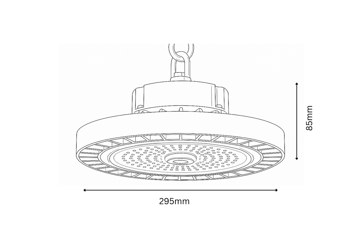 Technical drawing of a high-bay industrial light fixture with dimensions labeled.