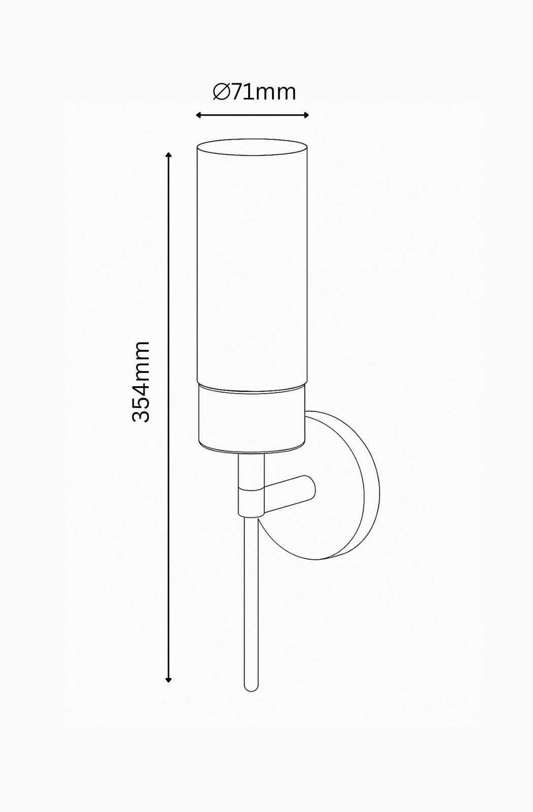 Line drawing of a wall-mounted light fixture with dimensions indicated.