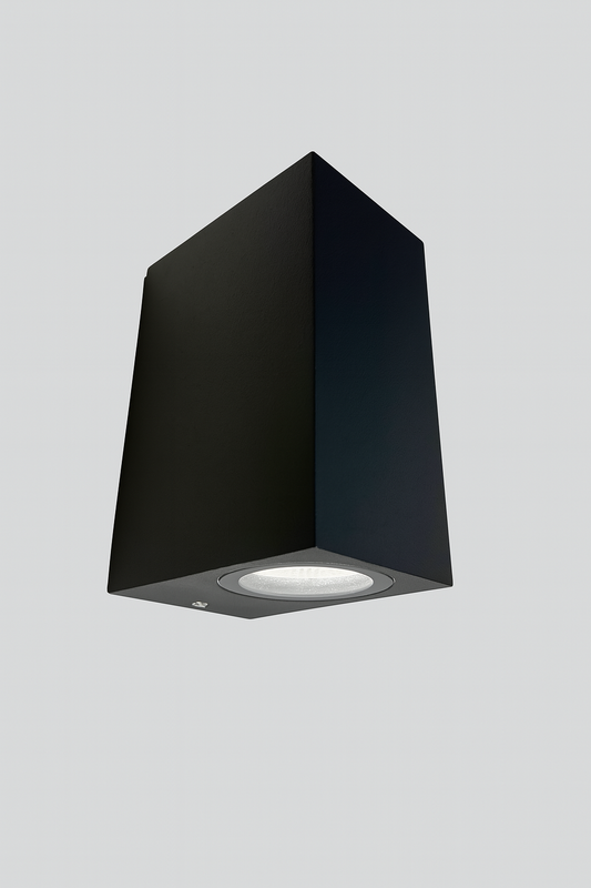 Black square wall light fixture with GU10 base lamp