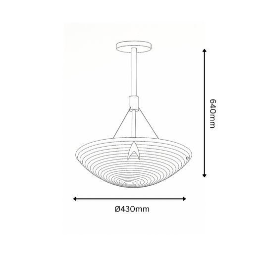 Technical drawing of a pendant light with dimensions on a white background