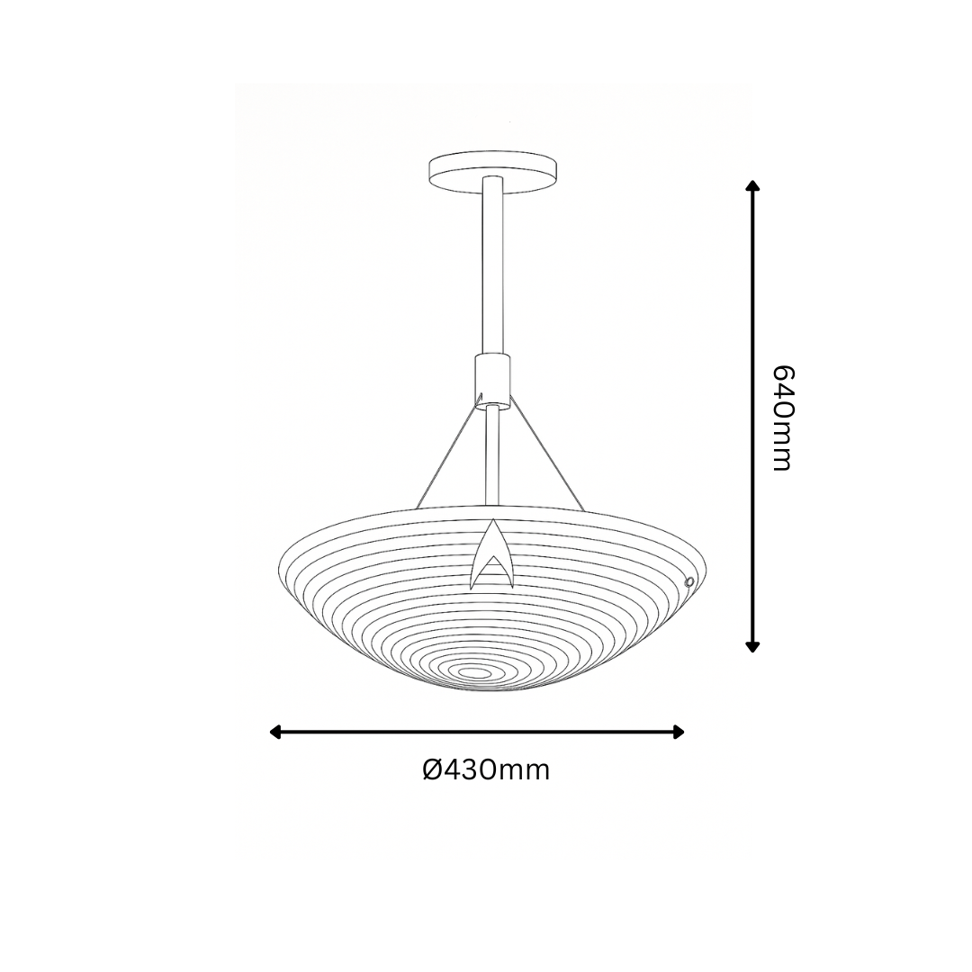 Technical drawing of a pendant light with dimensions on a white background