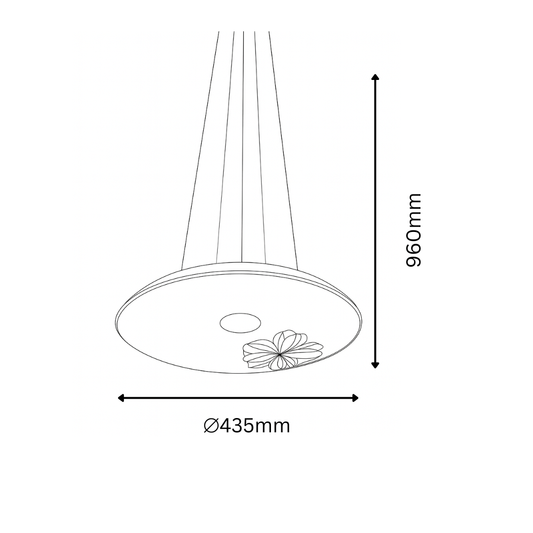 Line drawing of a pendant light with dimensions indicated.