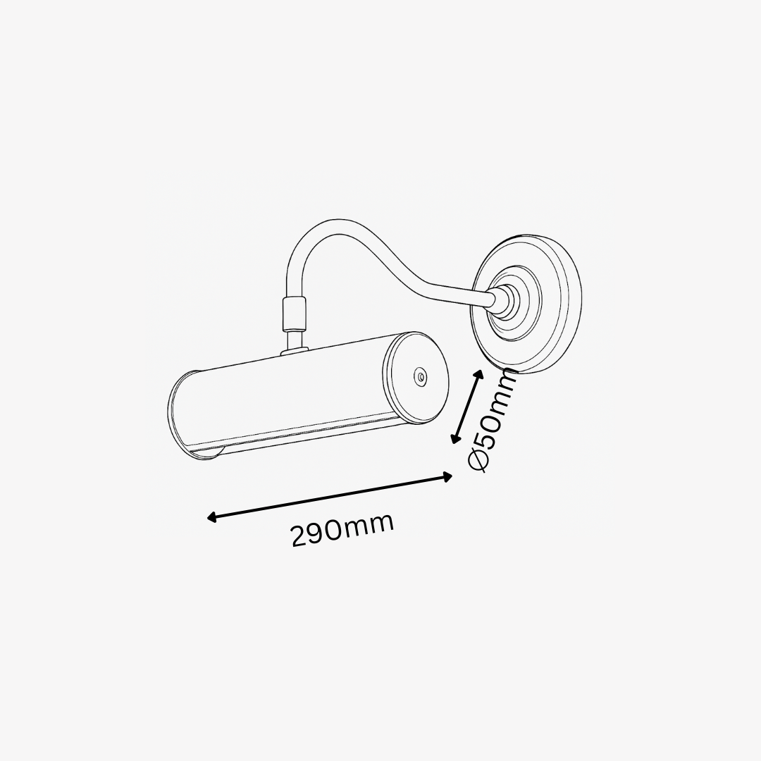 Technical drawing of a cylindrical light fixture with dimensions labeled on a white background