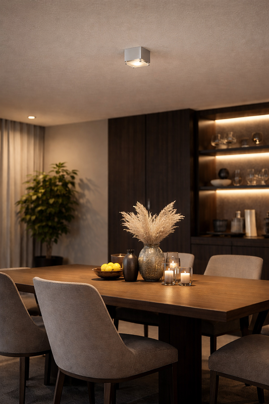 Dining room with a wooden table, chairs, and decorative elements.