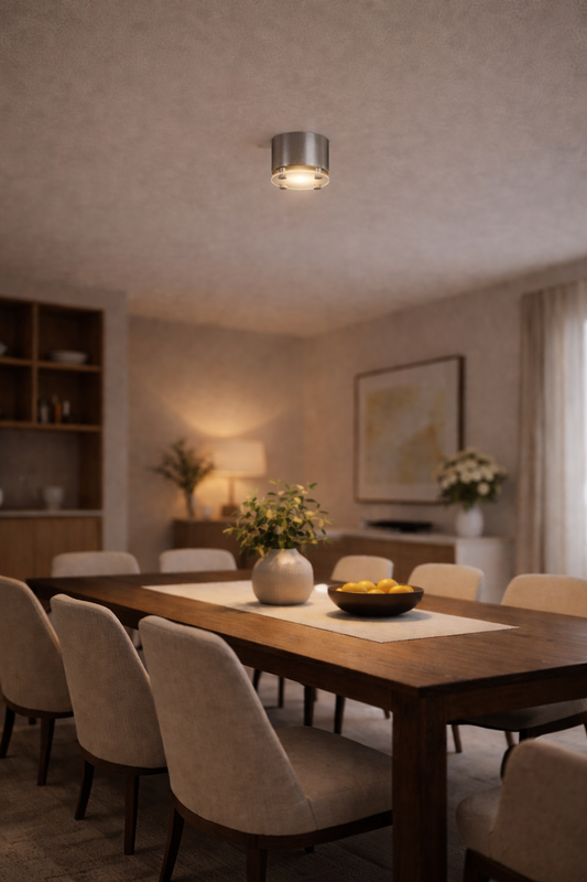 Ceiling mounted downlight fixture in a modern dinning area