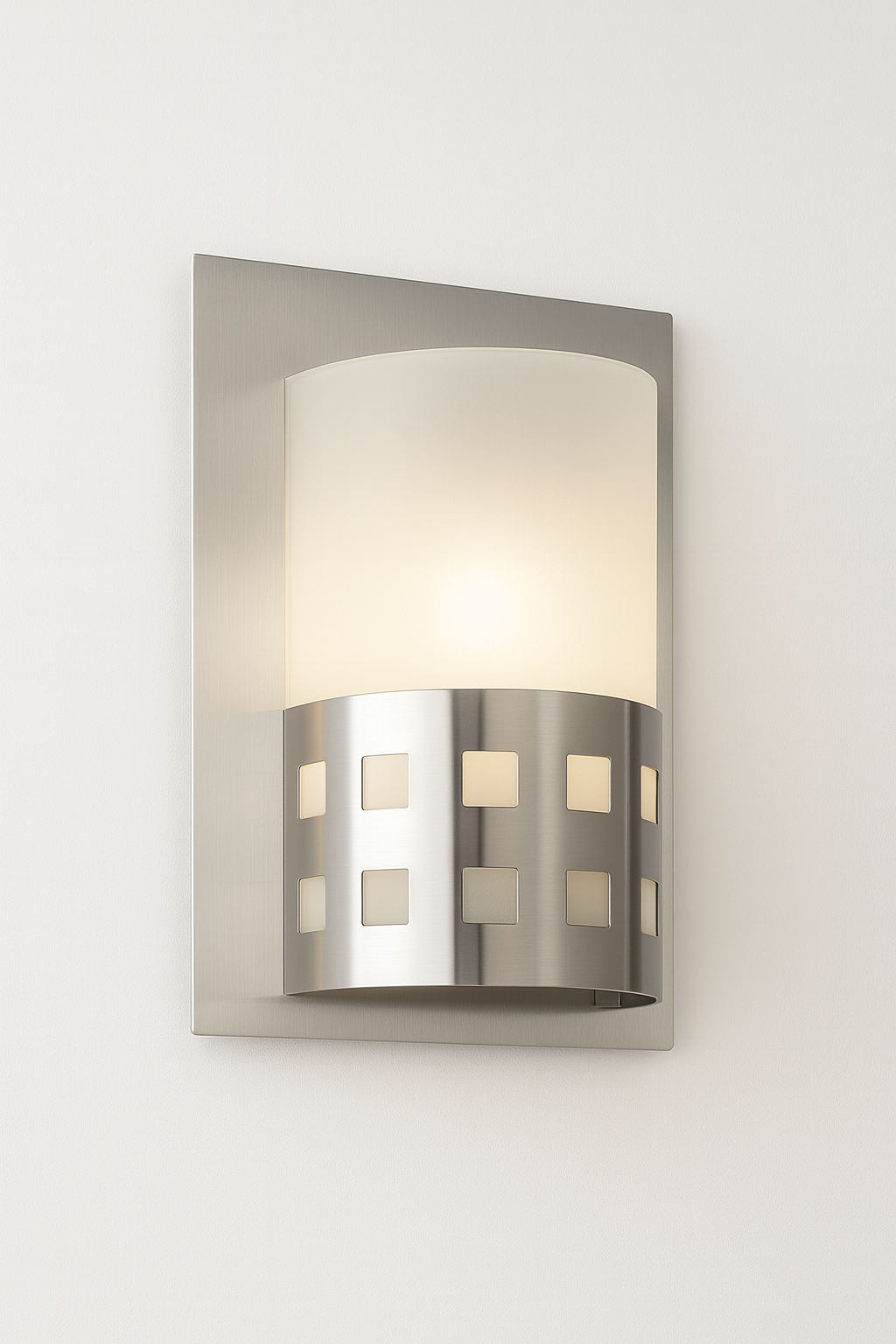 Wall-mounted light fixture with a metallic frame and white shade with E27 base lamp