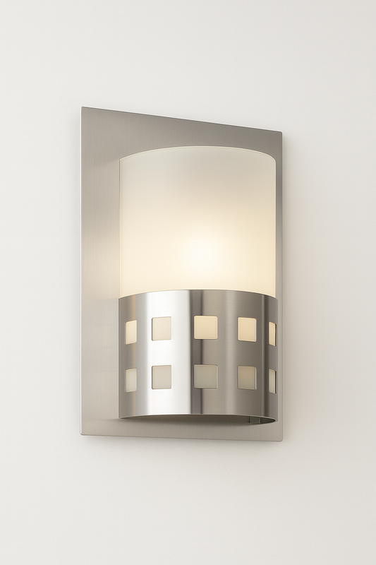Wall-mounted light fixture with a metallic frame and white shade with E27 base lamp