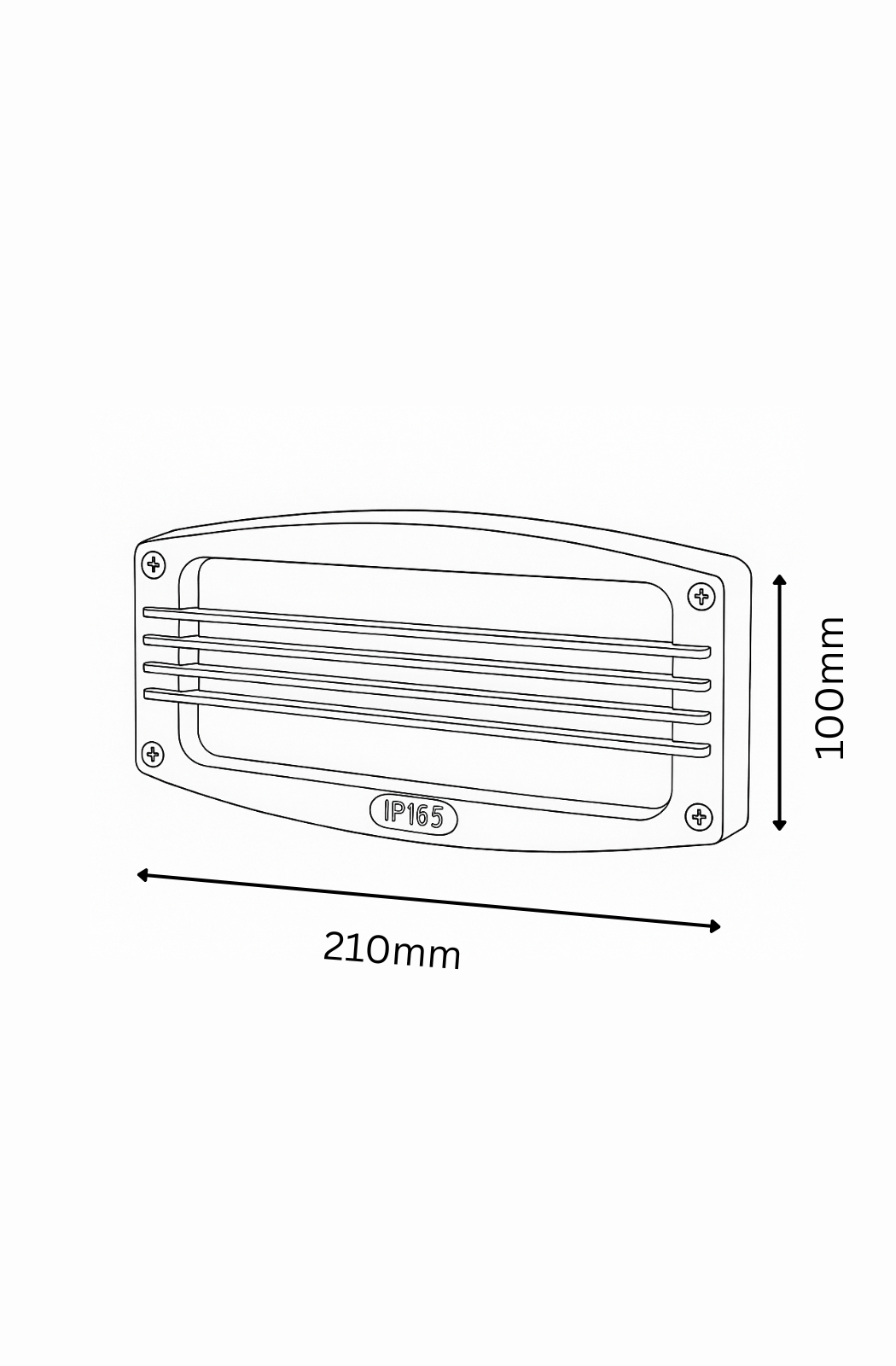 Technical drawing of a rectangular outdoor light fixture with dimensions on a white background