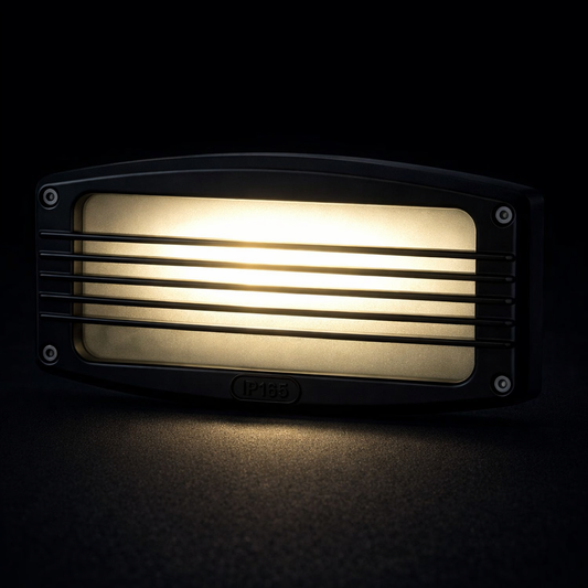 Rectangular outdoor light fixture on a black background