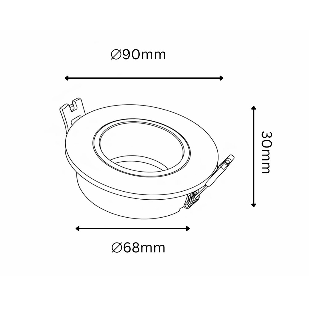 Technical Drawing of the round recessed spotlight frame with dimension
