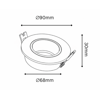 Technical Drawing of the round recessed spotlight frame with dimension
