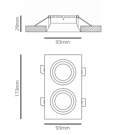 Technical drawing of a rectangular light fixture with dimensions labeled.