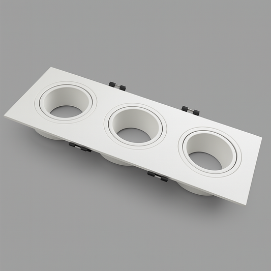 White triple recessed spotlight fixture with three circular slots 
