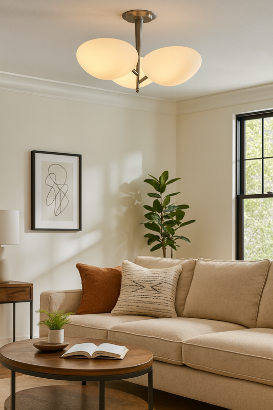 Living room with beige sectional sofa, coffee table, and ceiling light fixture.