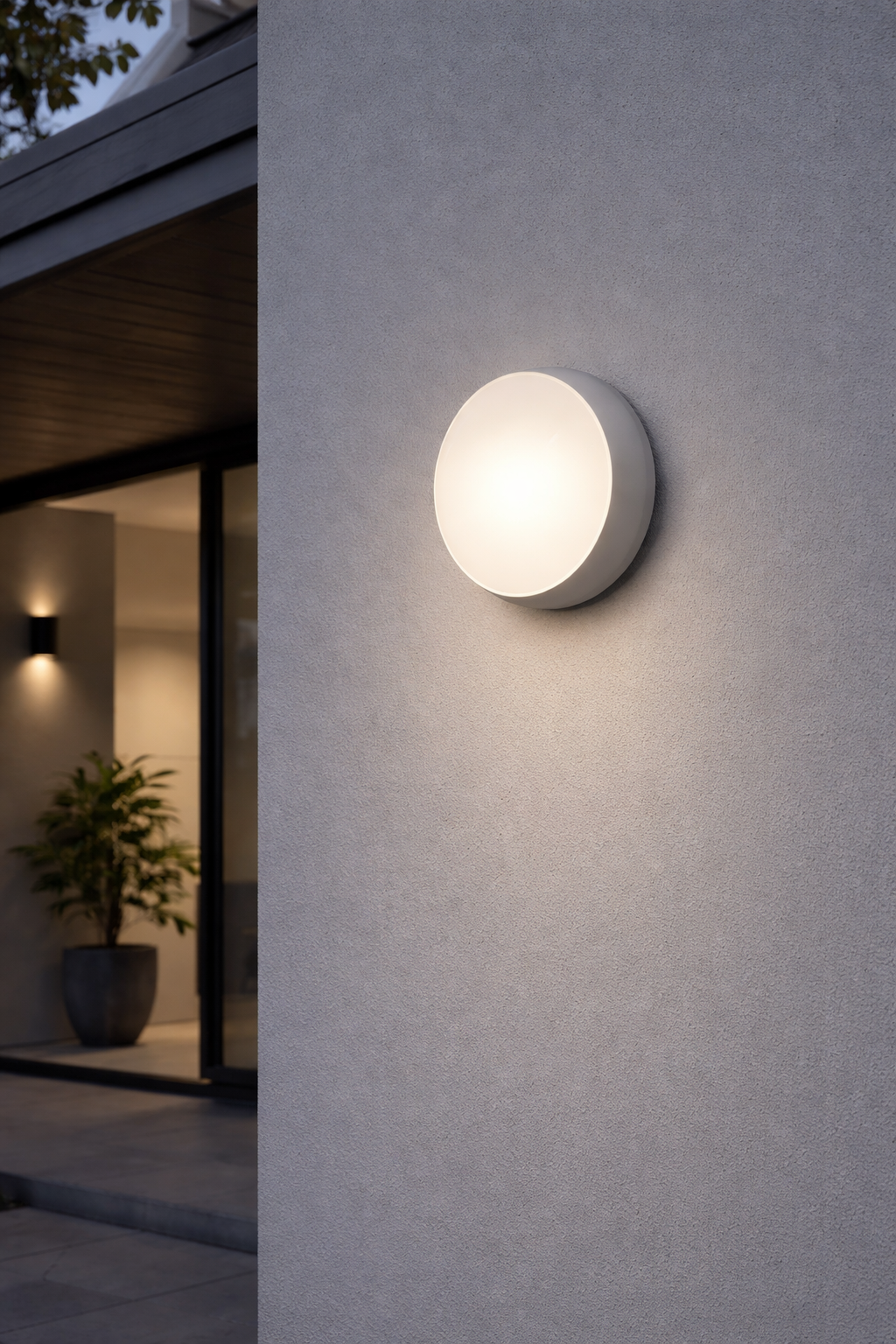 Round outdoor wall light fixture on a gray wall with a modern building interior in the background.