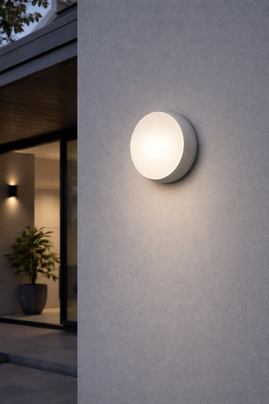 Round outdoor wall light fixture on a gray wall with a modern building interior in the background.
