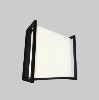 Square wall light fixture with black frame on a gray background