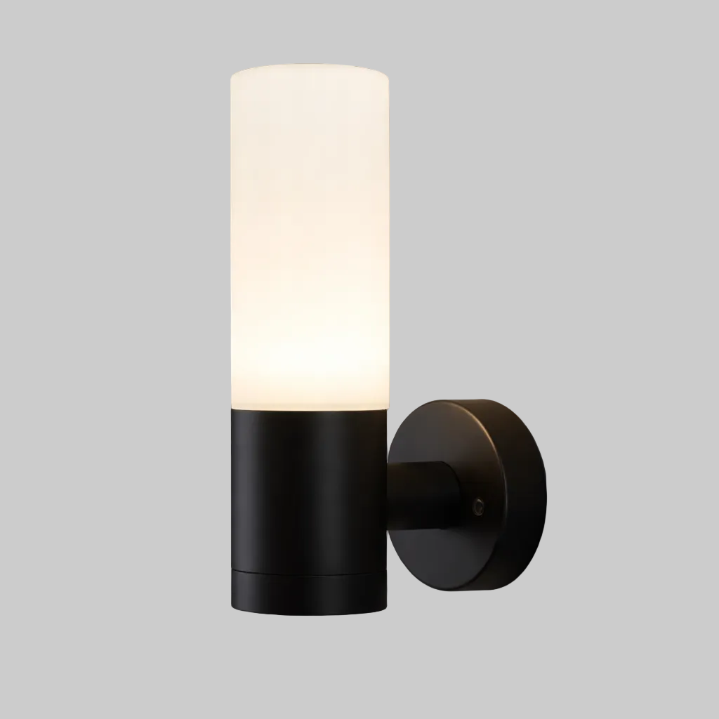 Black wall-mounted light fixture with a white glass cover with E27 base lamp