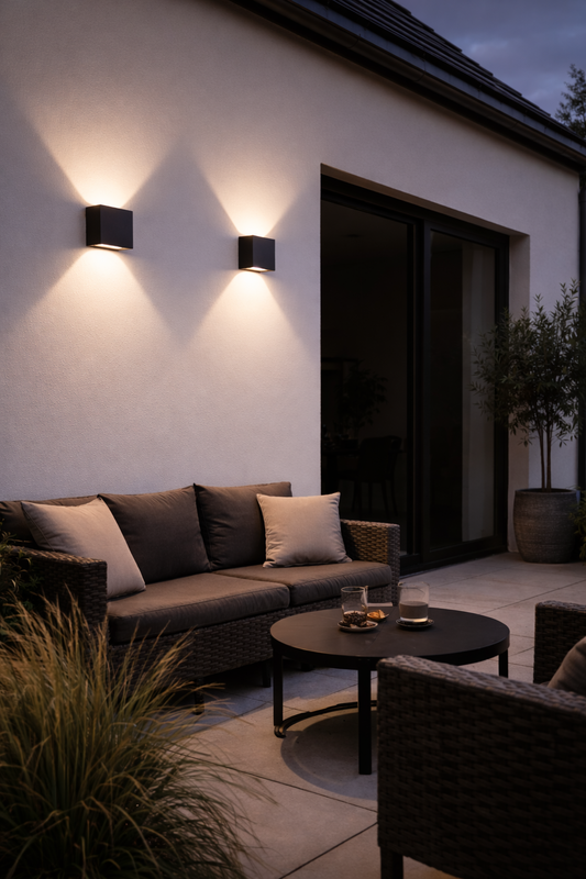 Outdoor patio area with a couch, table, and wall lights at night.