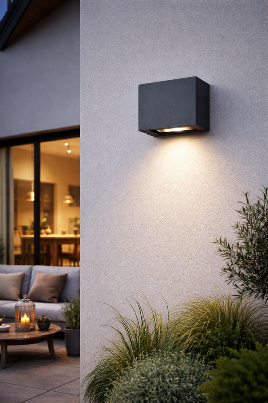 Modern outdoor wall light fixture on a house exterior with garden and interior view.