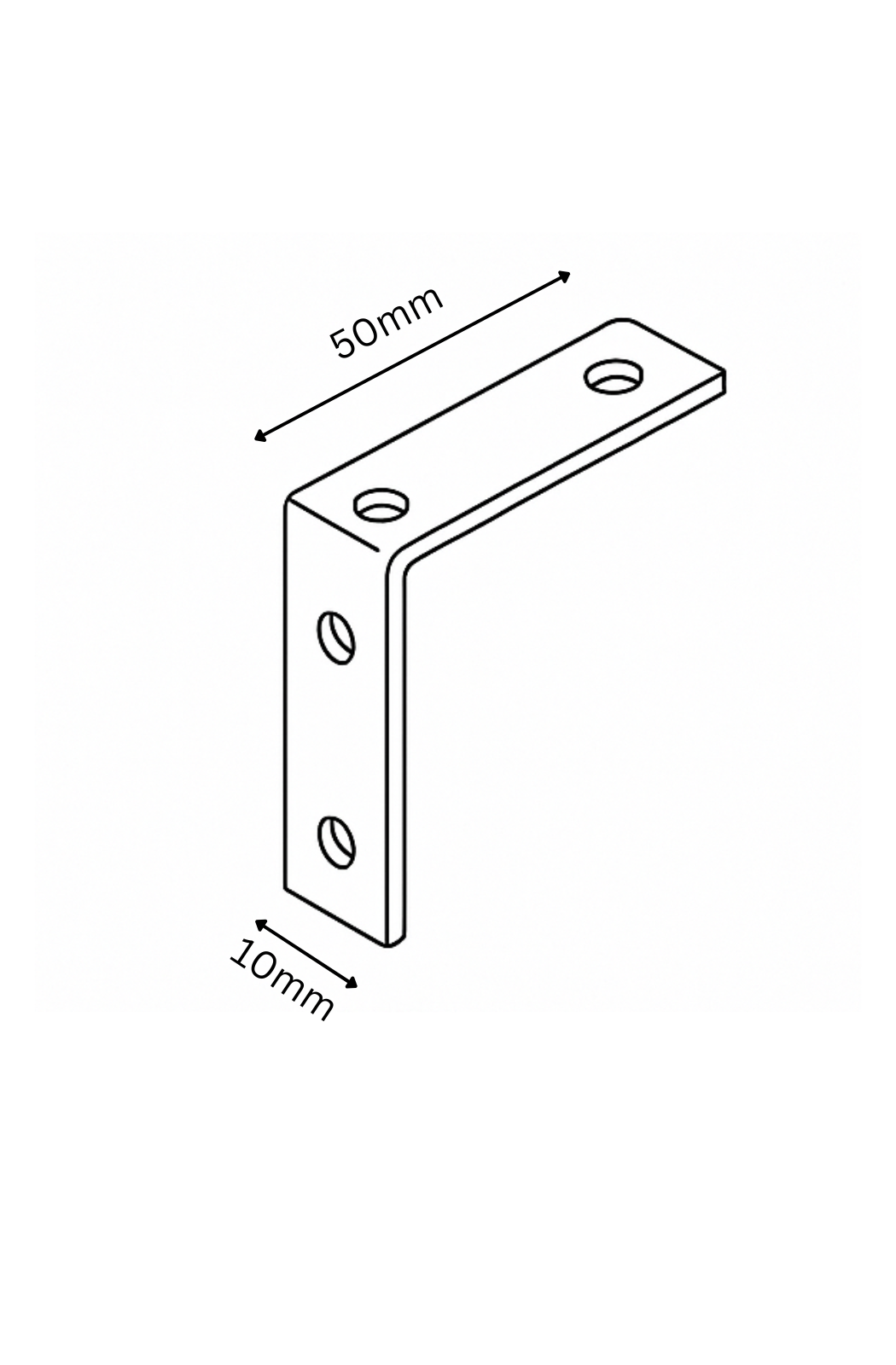 Line drawing of a metal bracket with dimensions labeled