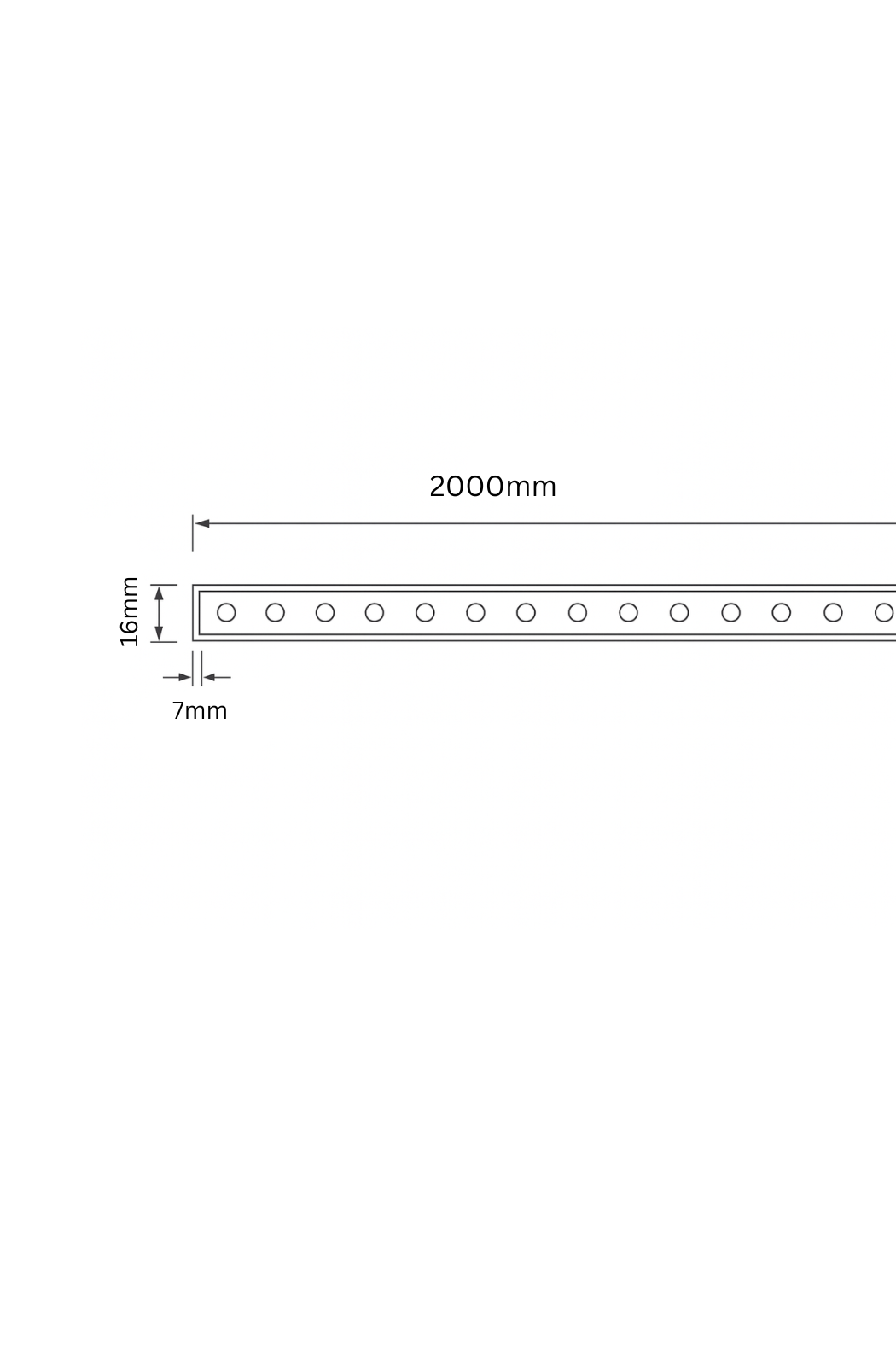 Measurement chart showing dimensions of a strip with 16 holes on a white background