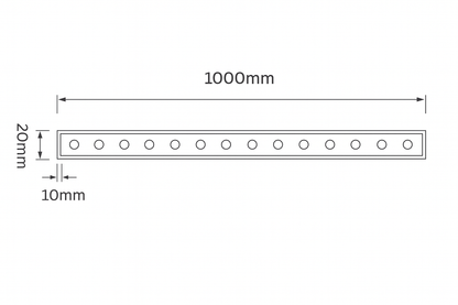 Measurement chart showing a strip with 1000mm length and 20mm width, with small circles indicating measurement points.