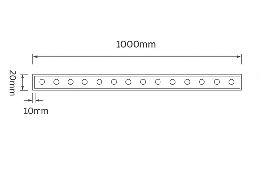 Measurement chart showing a strip with 1000mm length and 20mm width, with small circles indicating measurement points.
