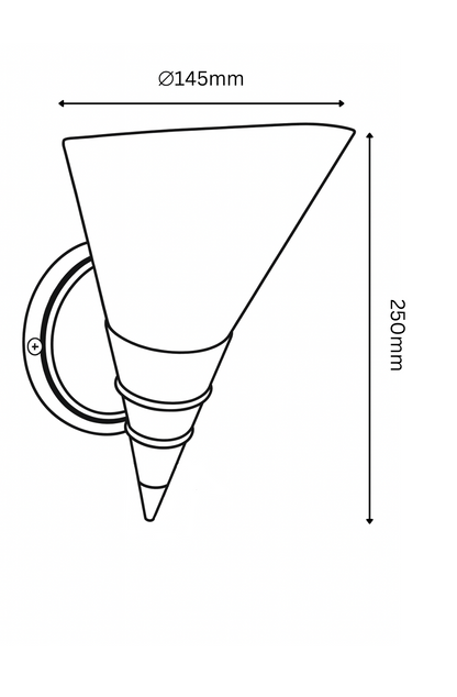 Line drawing of a wall-mounted light fixture with dimensions labeled