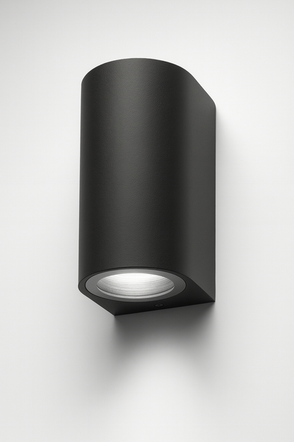 Black wall-mounted outdoor light fixture with GU10base lamp