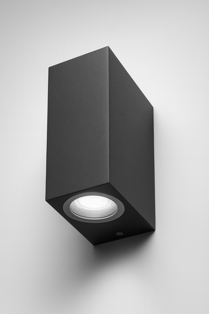 Black square wall light fixture with GU10 base lamp