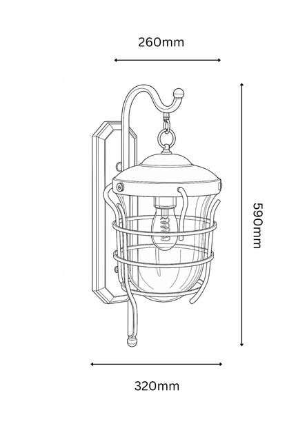 Technical drawing of a wall-mounted outdoor light fixture with dimensions.