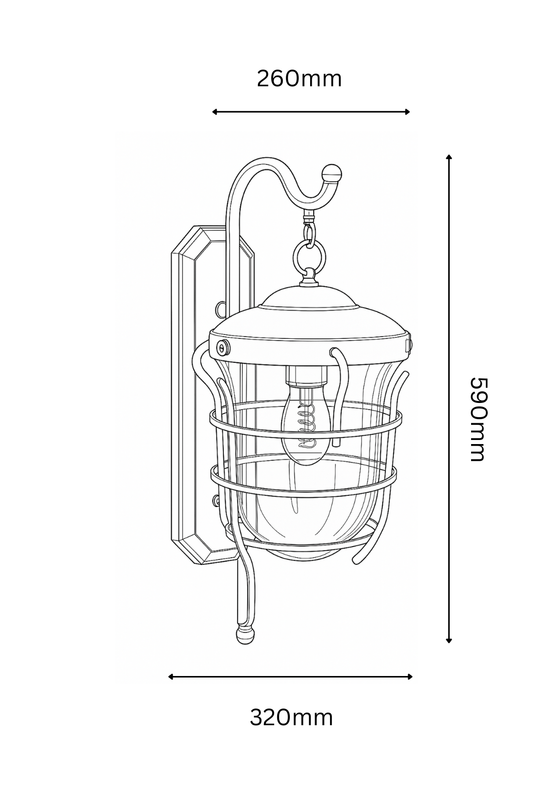 Technical drawing of a wall-mounted outdoor light fixture with dimensions.