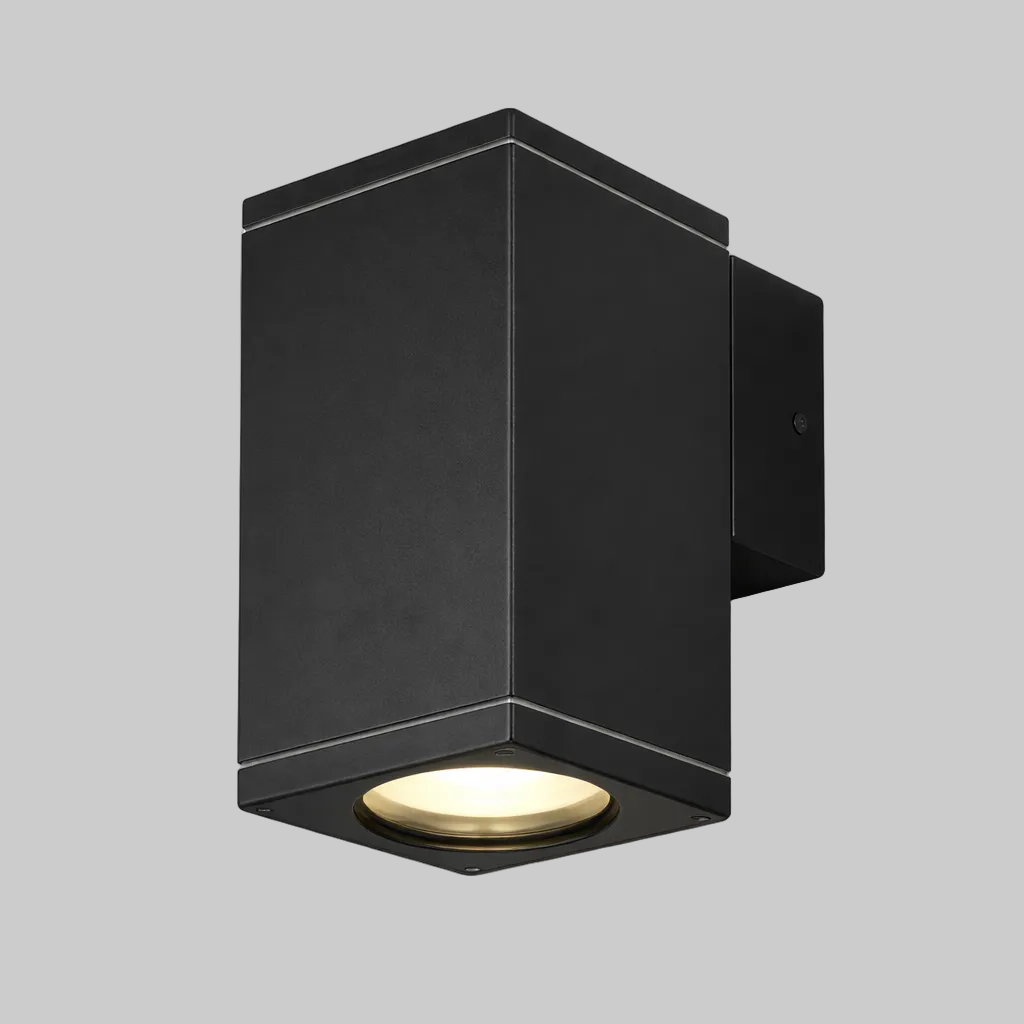 Black outdoor wall light fixture on a white background