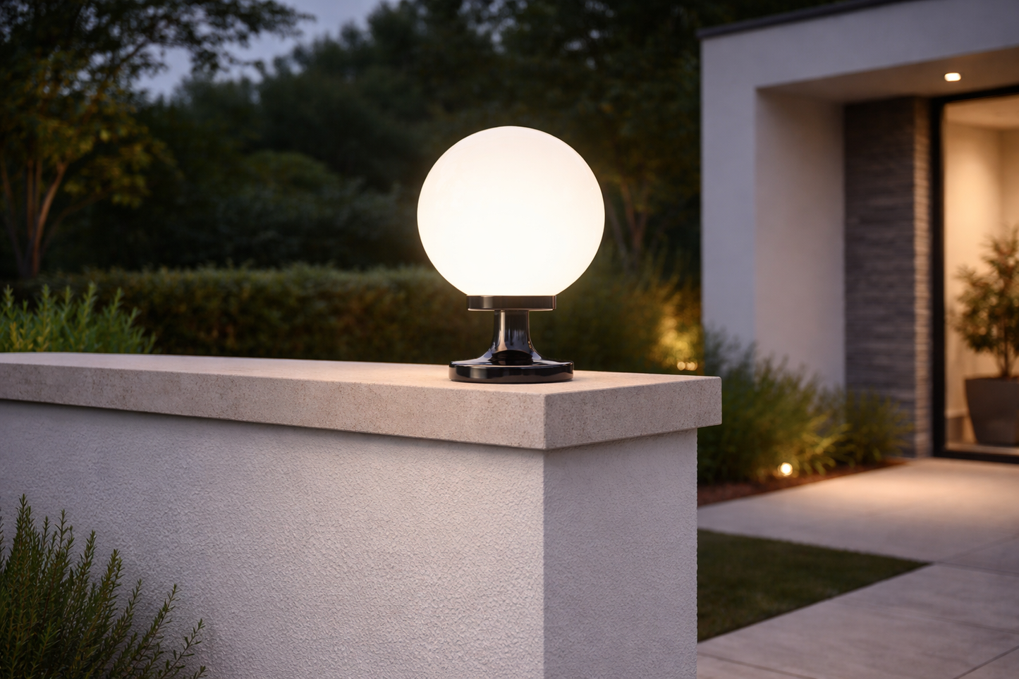 Glowing outdoor lamp on a ledge with a house and garden in the background